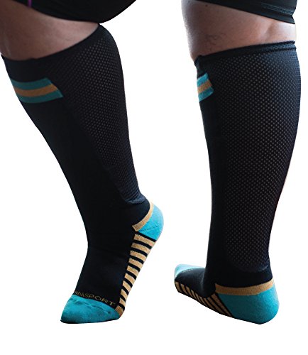 Xpandasox Women's Plus Size/Wide Calf Cotton Blend Sport Socks Black Turquoise