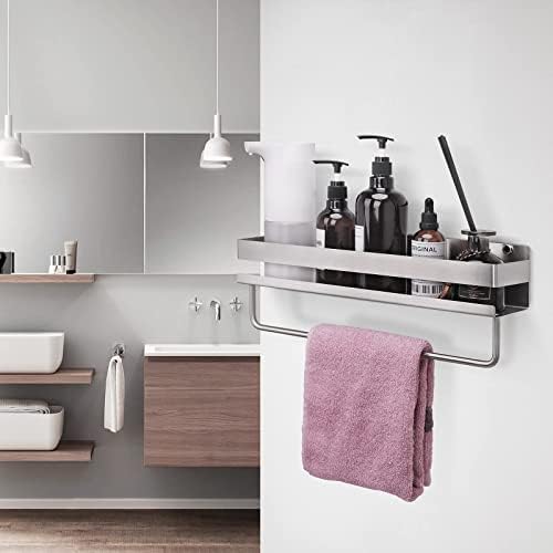 NOLYTH Shower Shelf Stainless Steel Shower Caddy Basket Wall Mounted Bathroom Shower Shelf with Towel Rail Holder & 2 Extra Hooks, 41cm Length Large Storage Strong Loading Capacity