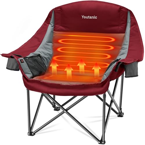 Youtanic Heated Camping Chair, 3 Heat Levels Oversized Padded Lawn Chair with Side Pockets and Cup...