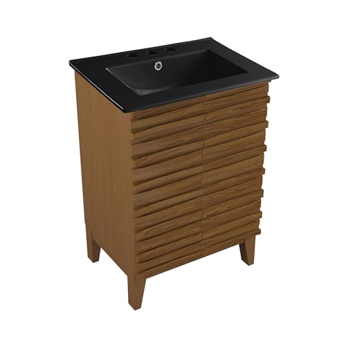 Image of Swiss Madison Cascade 24 in. Brown Oak Bathroom Vanity with Black, 3-Hole Ceramic Sink Top