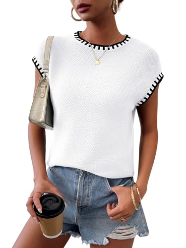 Image of Cap Sleeve Sweater Tops for Women 2026 Knit Summer Sleeveless Tank Vest | Slim Fit, Trendy Color Block, Soft, Skin-Friendly, Strechy, Lightweight, Breathable, Casual Daily Wear