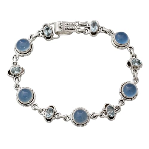 NOVICA Artisan Handmade Blue Topaz Chalcedony Link Bracelet with Sterling Silver India Serenity Airy Birthstone [7.75 in L x 0.4 in W] ' Serene Azure'