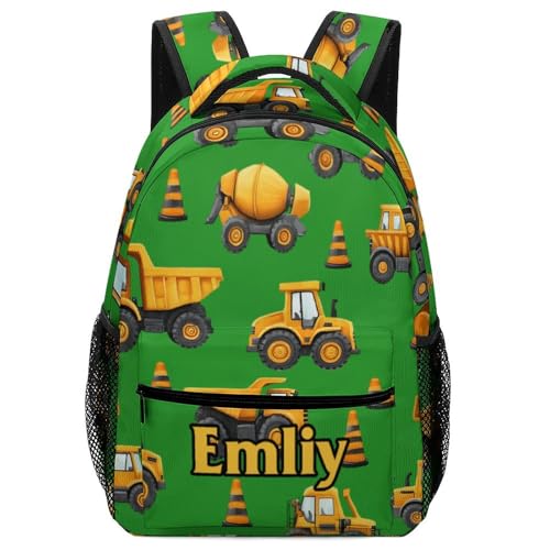 Personalized Construction Truck Green Print School Backpack for Students Children Custom Themed Schoolbag for Girl Boy Casual Bookbag 16 In