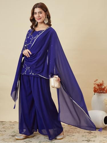 Image of MOKOSH Women's Georgette Short Kurti Palazzo with Dupatta | Short Kurti Set |Ethnic Kurta Set for Women | Sweetheart Neck Full Sleeve | Indian Kurta Outfit With Palazzo Pants