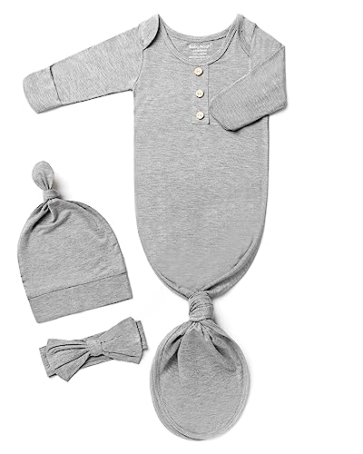Image of Newborn Baby Knotted Gown, Super Soft Silky Infant Sleeper, Baby Girl Sleep Gown with Mittens, Bow, and Hat Set