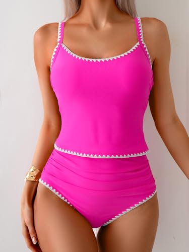 Image of Eomenie Tankini Swimsuit for Women Tummy Control Ruched Two Piece Bathing Suits High Waisted Shell Stitch Swimwear