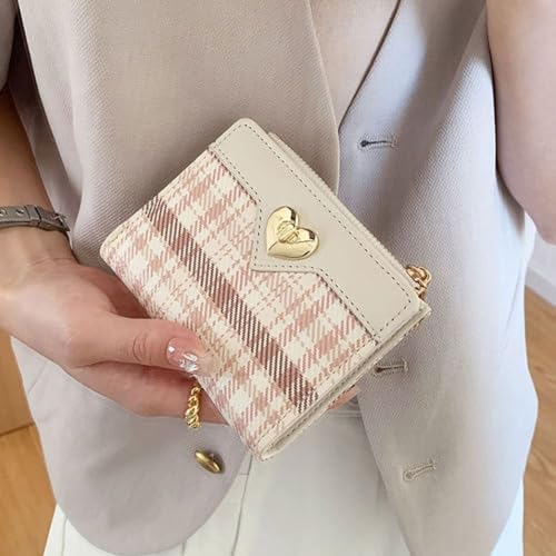Card Bag Zipper Heart-shaped Short Wallet Plaid Clutch Bag (Khaki)3