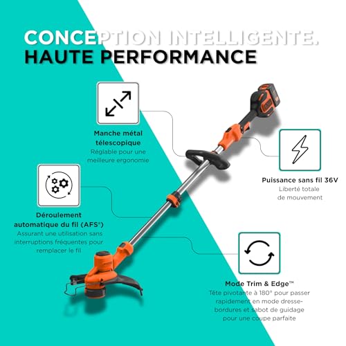 +DECKER Coupe Bordures sans Fil 36 V Débroussailleur 33 cm avec tête pivotante 180° Tube télescopique et 2 poignées livré avec Batterie 2 5 Ah BCSTA536L1 QW - vue 3