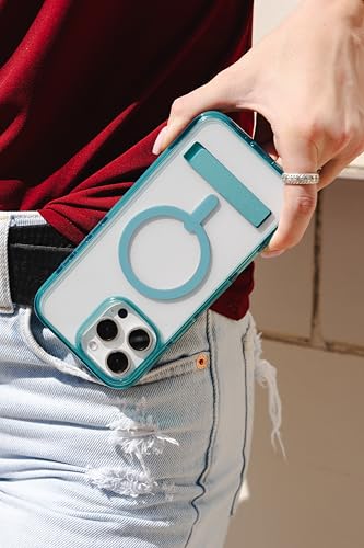 Image of ZAGG Santa Cruz Snap with Kickstand Case for iPhone 16 Pro - MagSafe Compatible, 13ft Military-Grade Drop Protection, Reinforced with Graphene, Slim Clear Case with Vibrant Color Accents, Retro Blue