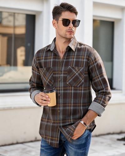 Image of WARHORSEE Flannel Shirt for Men Long Sleeve Button Down Plaid Shirts | Soft Cotton Blend for Multi-season Wear, Lightweight yet Warm, Dual buttoned storage pockets, Machine Washable Easy Care