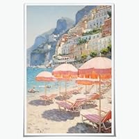 Retro Preppy Beach Umbrella Wall Art Vintage Amalfi Coast Italy Landscape Canvas Print Posters Summer Pink Aesthetic Coastal Poster for Home Bedroom Living Room Dorm Decor 12x16inch Unframed