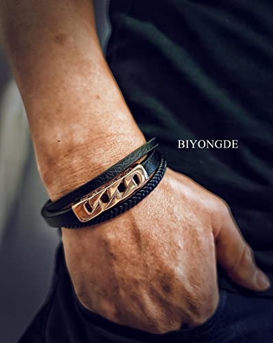 Pulsera negra para hombre en cuero y acero inoxidable miniatura 2