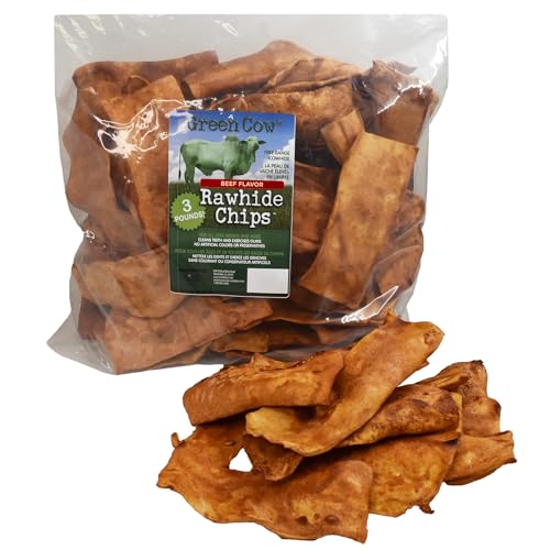 GreenCow Rawhide Chips Beef Flavor 3-Pound Bag - Premium Large Dog Rawhide Chews - Ideal for Agressive Chewers Dog Rawhide Treats - Durable Rawhide Bones for Large Dogs