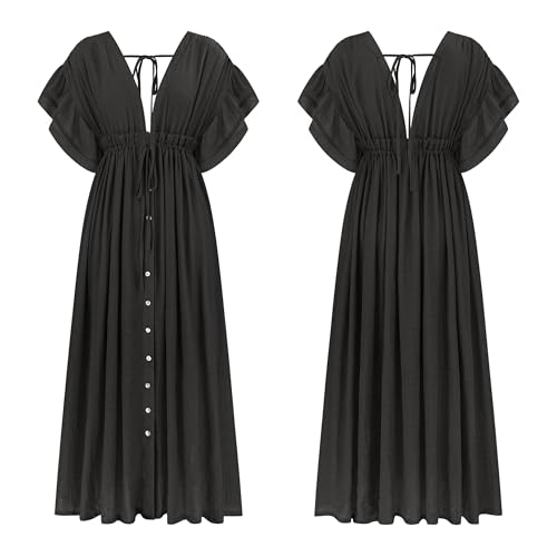 Image of R.Vivimos Maxi Dresses for Women 2026 Summer Short Sleeve V Neck Drawstring Tie Boho Loose Flowy Long Dresses with Pockets