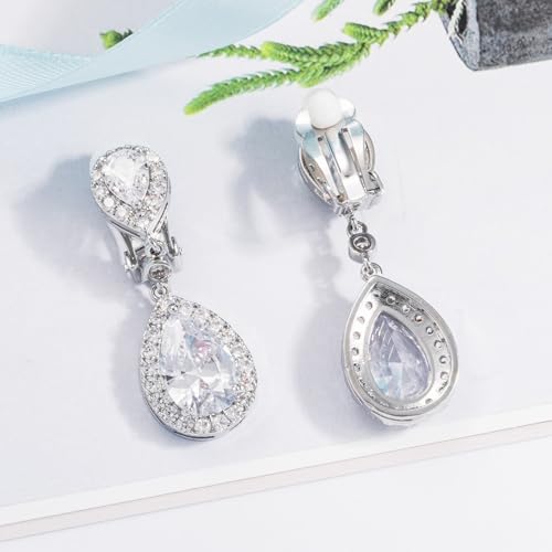 SELOVO Cubic Zirconia Wedding Bridal Clip on Teardrop Drop Earrings for Women Silver Tone4