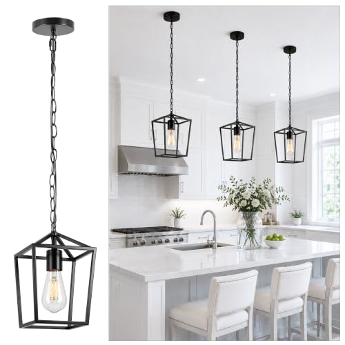 Image of Phaosio Black Pendant Lights Kitchen Island, Modern Farmhouse Light Fixture | Metal Cage Pendant Light Fixture, Adjustable Height, Sloped Ceiling, Kitchen Lighting for Dining Room, Entryway, Foyer,1 Pack