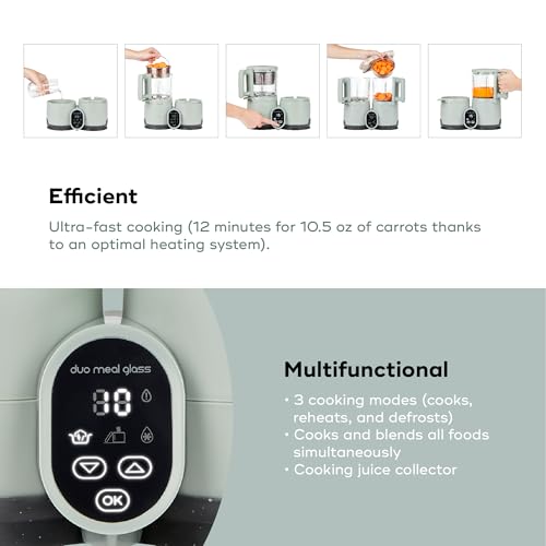 Babymoov Duo Meal Glass Baby Food Maker, Celadon Green – 4-in-1 Steamer, Blender, Defroster, and Heater with Programmable Timer, Large Capacity, Glass Bowls, Dishwasher Safe by Babymoov - Image 2