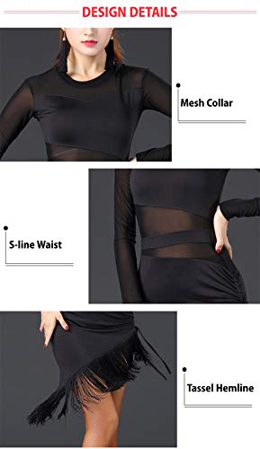 Foto von Jonact Damen Quaste lateinisches Tanzkleid Frauen Ballsaal Kleid Schwarz Mesh Lange Ärmel für Latein Tango Salsa Tanzkostüm