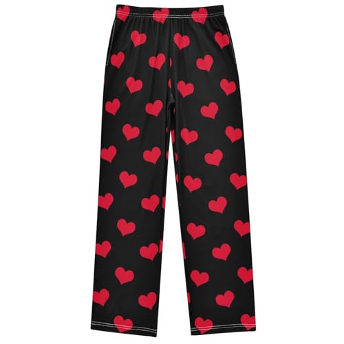 Boy's Pj Pants Valentines Day Red Heart Black Lounge Bottoms Elastic Waist Kids Joggers with Pockets Size 6-14