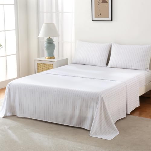 Image of MCO Green Striped Sheets Set Twin 3Pcs, Breathable Washed-Look Microfiber