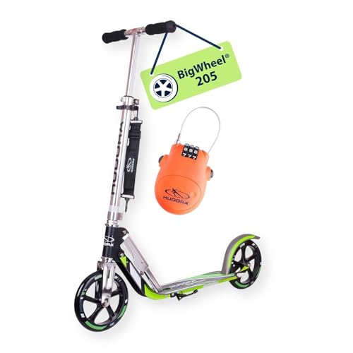 HUDORA Patinete BigWheel 205 con o sin candado de Cable, Rodillo de Aluminio Estable, Altura Ajustable y Plegable, Patinete Urbano con Soporte, para niños y Adultos de hasta 100 kg