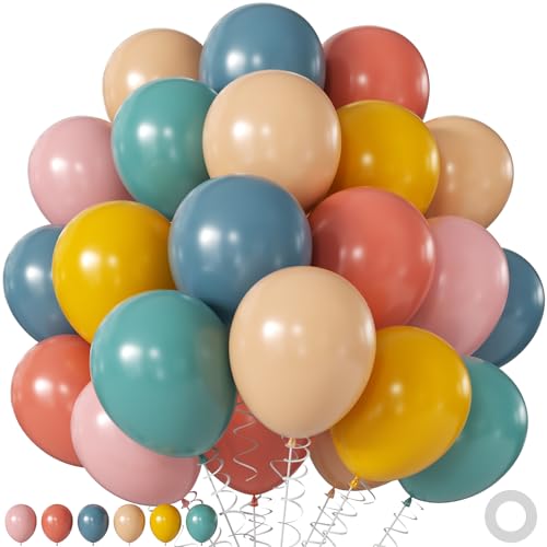 Retro Blue Pink Yellow Balloons 60Pcs 12Inch Dusty Blue Pink Mustard Yellow Nude Balloons for Here Comes the Son Theme Boho Baby Shower Gender Reveal Birthday Party Decorations