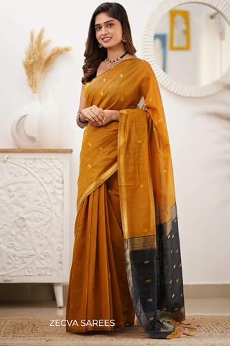 Image of ZECVA Women's Pure Soft Spun Cotton Lichi Silk Saree For Women With Attach Unstitch Blouse Piece