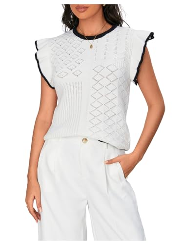 Image of MakeMeChic Women's Contrast Binding Ruffle Sleeve Vest Crew Neck Knit Sweater Pullovers Black and White Medium
