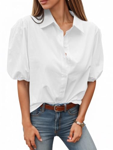 Tankaneo Women's Button Down Shirts Short Puff Sleeve Collared Dressy Casual Blouse Tops White