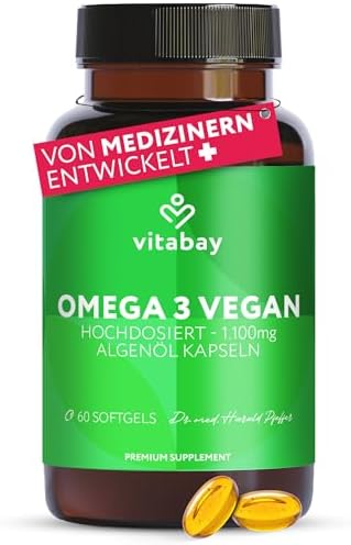 Vitabay Omega 3 Vegan 60 Kapseln mit 1100mg reinem Algenöl mit Vitamin E | hochdosiert – DHA 600mg & 300mg EPA – Laborgeprüft in Deutschland & ohne Zusatzstoffe – Qualität aus der