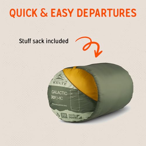 Image of Kelty Galactic Down 30 Degree Sleeping Bag, 550 Fill Power RDS Trackable Down, Backpacking and Camping, Zip Together for 2P Sleeping Bag | Zip Two Together for a 2P Bag, 550 Fill Compressible Down, PFC-Free Fabrics and Finishes, Buttery Soft Taffeta Lining
