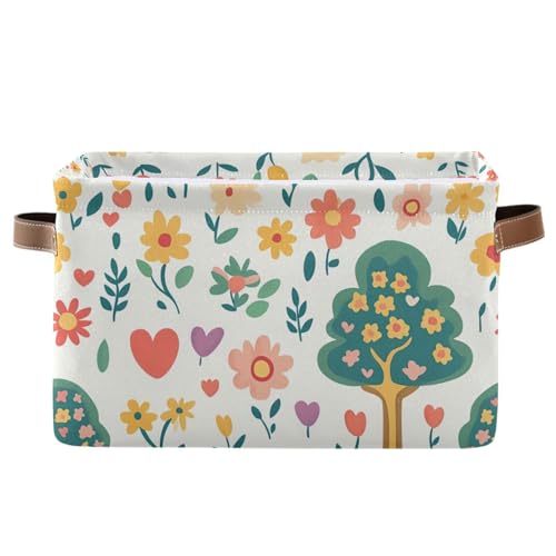 PaChyLuu Flowers Storage Basket Bin Canvas Fabric Organizer Toys Basket with Handles for Home Office Nursery, Clothes, Gifts, 1 Pcs