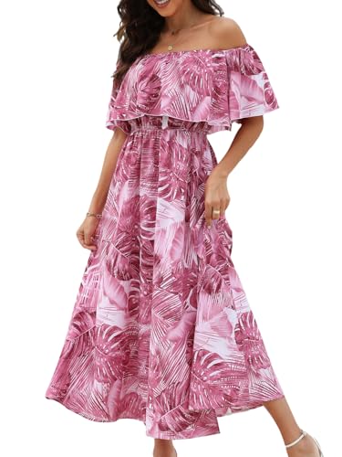 Image of CUPSHE Women Ruffle Floral Maxi Summer Dress Off Shoulder Short Sleeve Backless Flounce Bodice Slit Hem Beach Dresses
