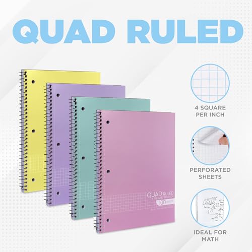 Graph Paper Spiral Notebook - Graph Paper Notebook, Quad Ruled Grid Notebooks, Perforated Pages - 10.5 X 8 Inches - 1 Subject Wirebound Notebook - Assorted Colors - 100 Sheets per Book - (4 Pack) - Thumbnail 2