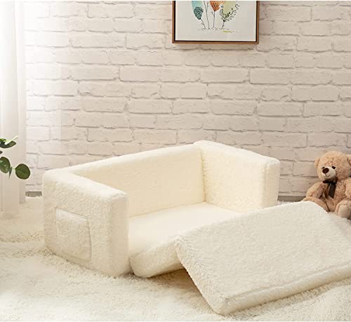 Alimorden 2-In-1 Flip Out Extra Wide Cuddly Sherpa Toddler Couch, Convertible Sofa To Lounger, Cream #TOP4