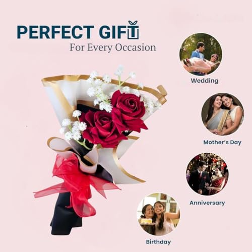 Image of SATYAM KRAFT 3 Pcs Artificial Flower Bouquet for Him Her Girlfriend Boyfriend Wife Husband | Romantic Decor for Anniversary, Wedding, Birthday, Home Decor (Rose Bouquet)