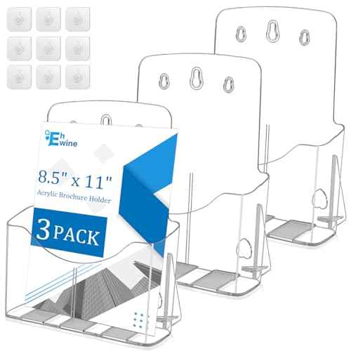 EHWINE 3 Pcs Brochure Holder 8.5 x 11 inch, Clear Acrylic Flyer Holder Brochure Display Stand Literature Holders, Plastic Stand Pamphlet Holder for Home Office Exhibition Store, with 9 Hooks