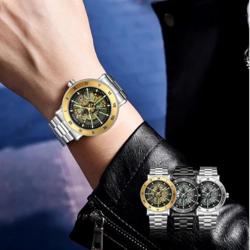 DAXIAOYU Men's Hollow Out Skeleton Automatic Mechanical Stainless Steel Watch (Silver Black) - 3