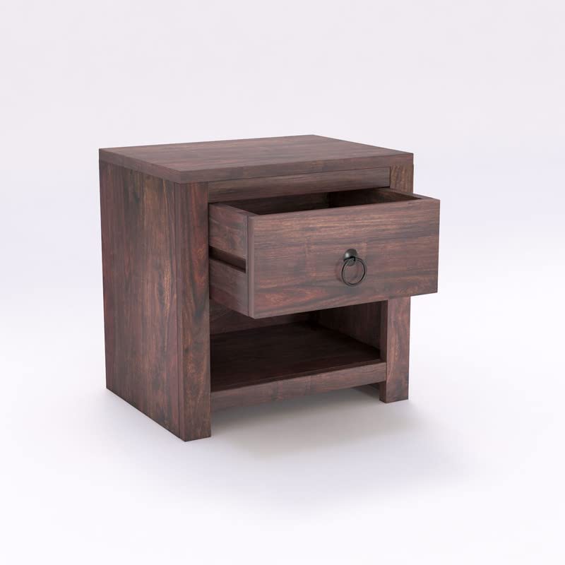 Image of Solid Wood Sheesham End Table with 1 Drawer and 1 Shelf Modern Design - Walnut Finish