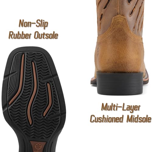 Image of SUREWAY Western Boots For Men - Mens Square Toe Cowboy Boot, Oil /Slip Resistant, Durable Fashionable Classic Pull on 10 Inch Mid-Calf Wellington Boots