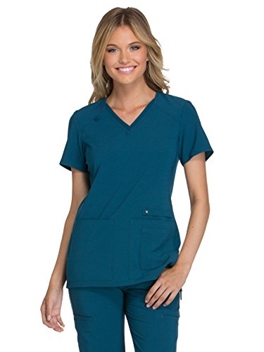 CHEROKEE Women's Iflex V-Neck Knit Panel Top, Caribbean Blue, X-Small