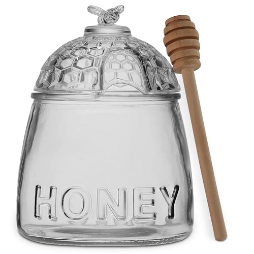 TIENDA EURASIA – Tarro de Miel con Cuchara y Tapa | Mielera | con Tapa | Recipiente de Cristal | Incluye Cuchara para Miel | Tarro de Boca Ancha para Guardar