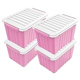 Nazhura Plastic Storage Bin, Stackable and Nestable Storage Boxes with White Lids and Secure Latching Buckles, Large Storage Container (Pink/White, 72Quart-4Pack)