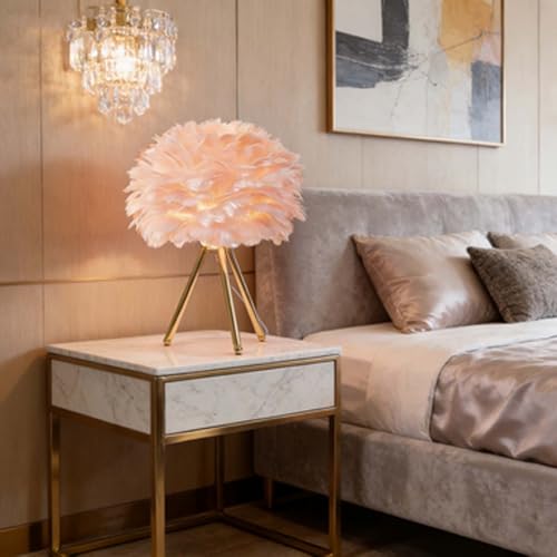 Image of Modern Tripod Table Lamp with Touch LED Light and Goose Feather Shade, Ideal Nightstand Decor for Girls Room, Chic White Design for Home Ambiance