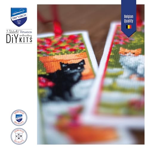 Image of Vervaco Cross Stitch Embroidery Kit for Adults, Cross Stitch Set Pre-printed with Embroidery Design on 100% Cotton Fabric, Embroidery Templates 2,4 x 8 Inches - 6 x 20 cm, Set of 2, Bookmark Kit, Cats