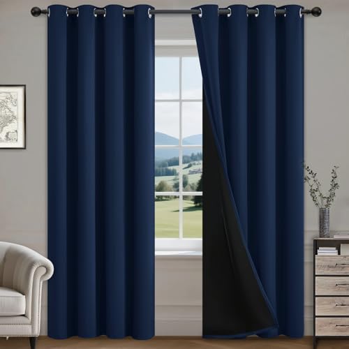 Image of COSVIYA 100% Navy Blue Blackout Curtains for Living Room 84 Inches Length | Room Darkening Light Blocking Drapes for Bedroom, Thermal Insulated Grommet Window Panels with Black Liner, W52xL84, 2 Panels