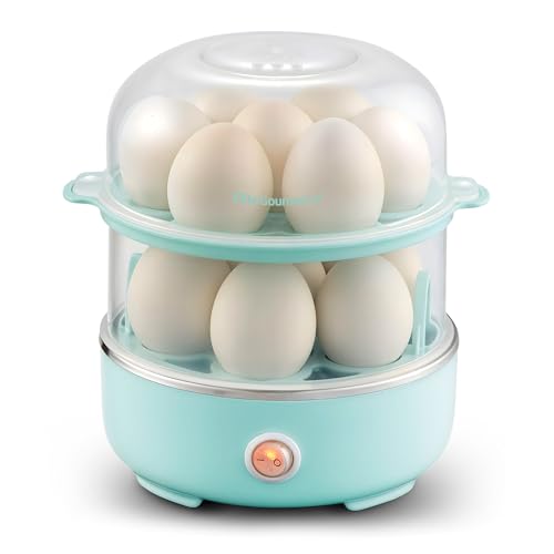 Elite Gourmet EGC1215M Easy Egg Cooker, Stainless-steel Heating Plate, Two-Tiered, 14-Egg Capacity, Soft, Medium, Hard-Boiled, Auto Shut-Off, Omelets, Poached Eggs, Measuring Cup, Piercing Pin, Mint