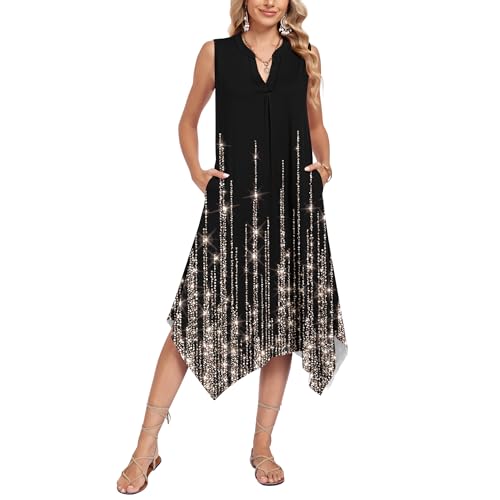 Image of AUSELILY Womens Summer Midi Dress V Neck Sleeveless Casual with Pockets | Flowy womens summer dress with asymmetrical hem, great for beach, vacation and daily wear