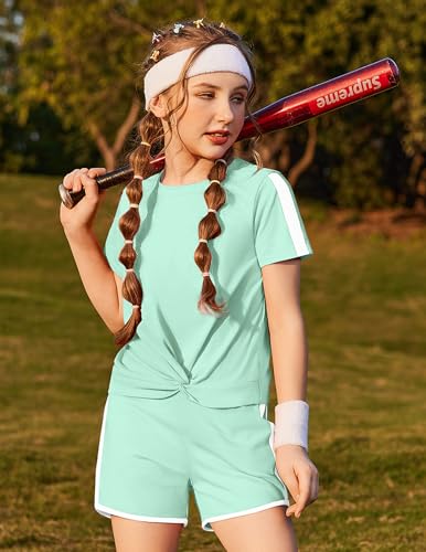Image of Arshiner Girls Clothing Sets Twist Front Top and Shorts 2 Piece Outfits Activewear Tracksuit 5-14 Year