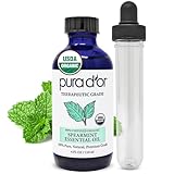 PURA D'OR Spearmint Essential Oil (4oz) USDA Organic 100% Pure & Natural Therapeutic Grade Diffuser For Aromatherapy, Focus, Concentration, Mood Uplift - Freshens Breath & Cleanses Mouth